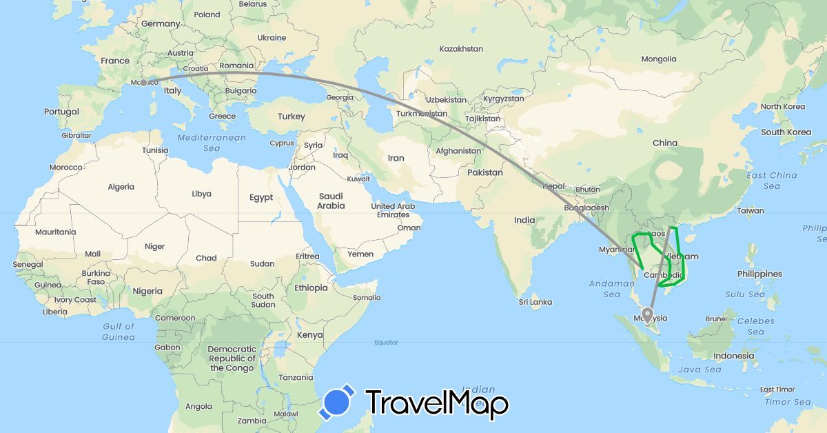 TravelMap itinerary: driving, bus, plane in France, Cambodia, Laos, Malaysia, Thailand, Vietnam (Asia, Europe)